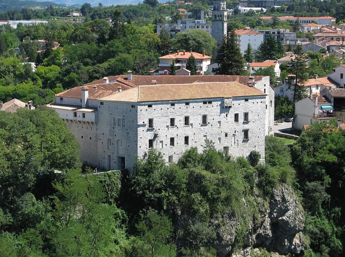 Pazin Castle, also known as Castello di Montecuccoli, standing on its rock above the gorge in Pazin