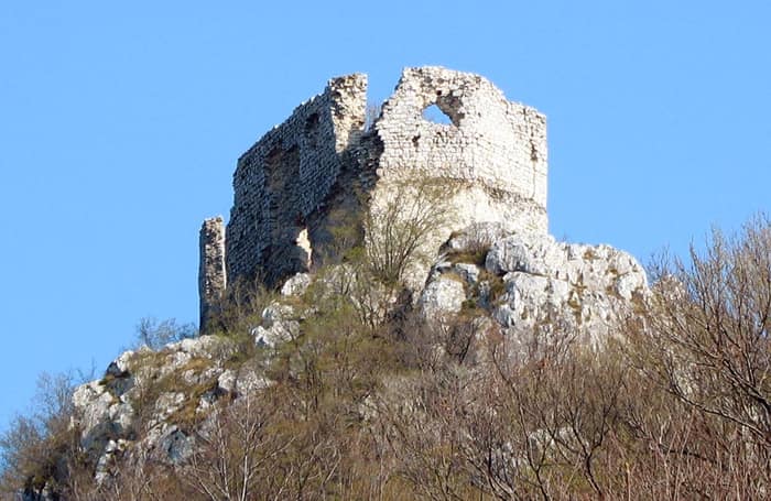 The ruins of Okić Castle, the old medieval town, on their hill in the Samobor Hills