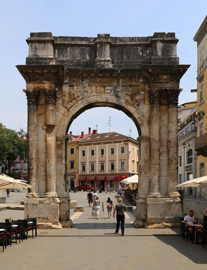 The Arch of the Sergii in Pula, a Roman triumphal arch with paired Corinthian columns