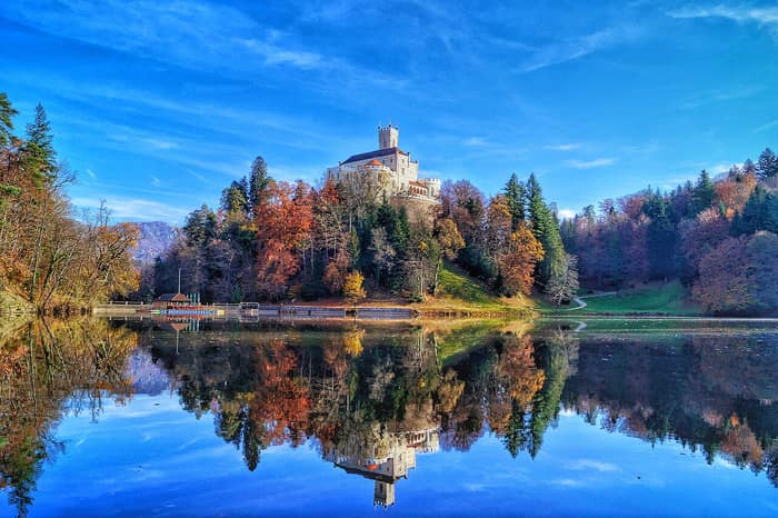 Trakošćan Castle in northern Croatia, the Neo-Gothic manor beside its lake